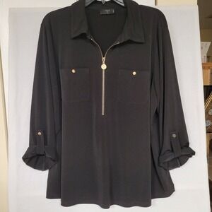 Tahari Black blouse Stretch gold buttons & roll up sleeves Careerwear Size XL